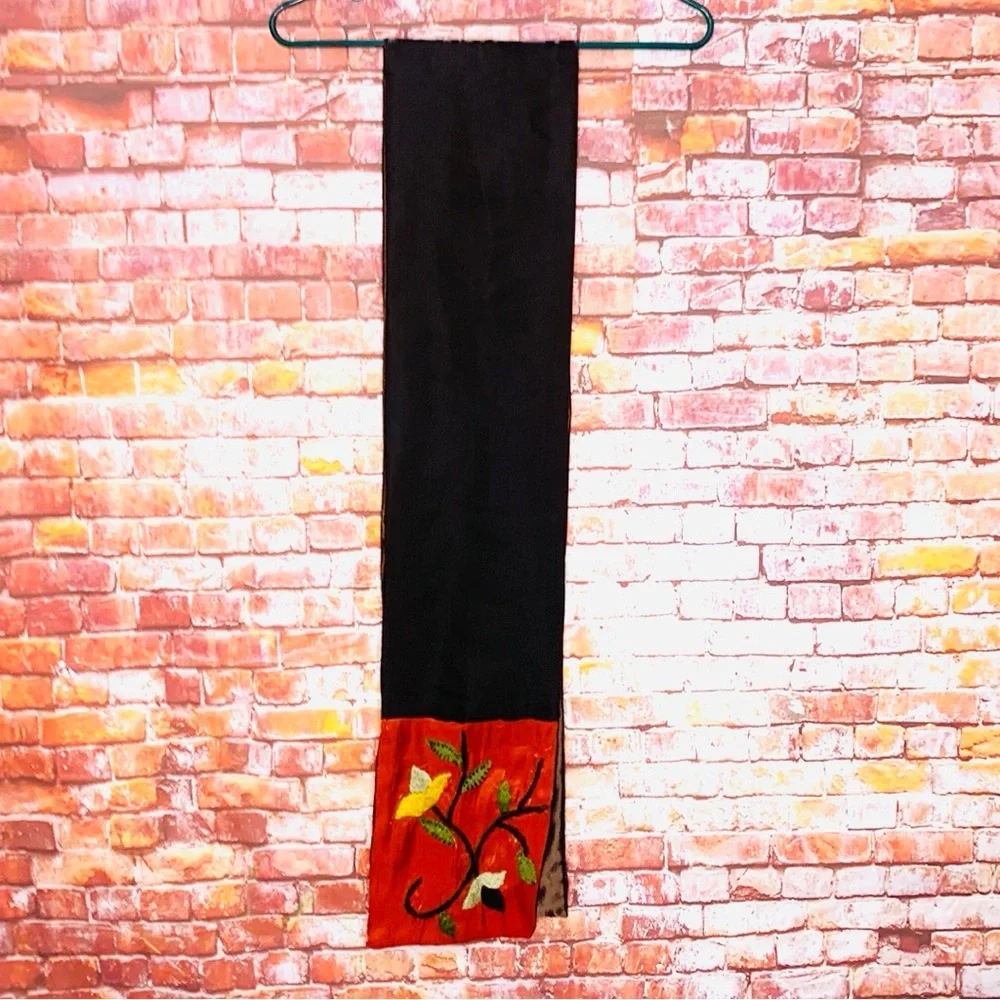 Chocolate Brown Satin Floral Embroidered Scarf